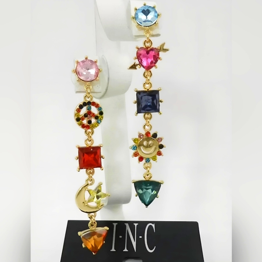 INC Multicolor Gold Tone Mixed Charm Mismatched Drop Earrings Post Back